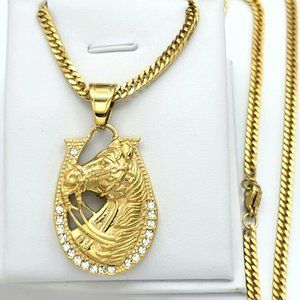 Mens 14k Stainless Steel Gold Horse Shoe Pendant & 24" Figaro Chain Necklace